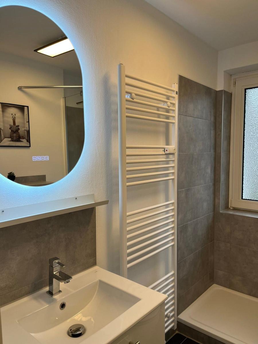 Badezimmer mit Waschbecken, Spiegel und Dusche.