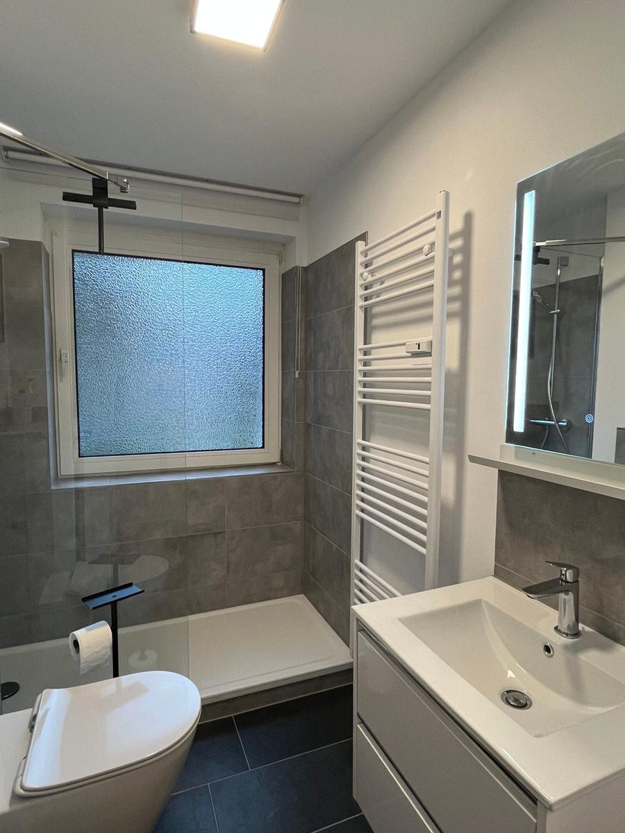 Badezimmer mit Dusche, Waschbecken und Toilette. Fenster mit getöntem Glas.