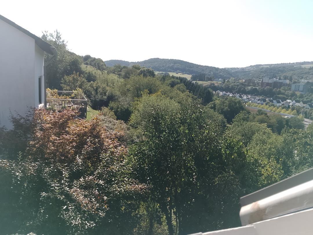View from balcony over green hills and settlement under trees.