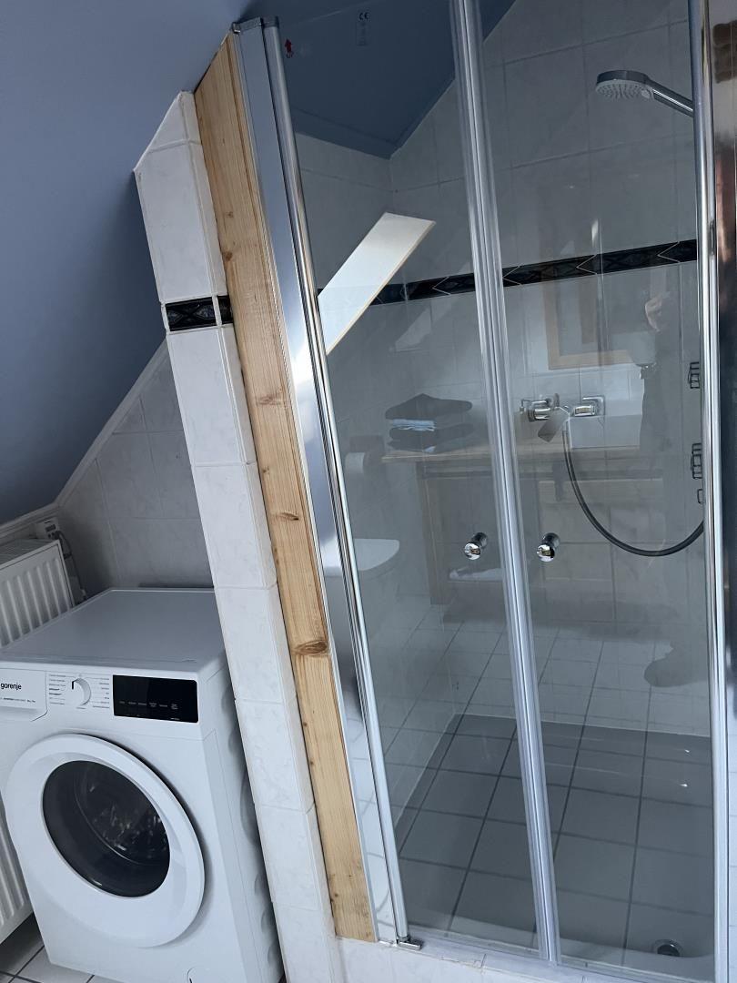 Bathroom with shower and washing machine