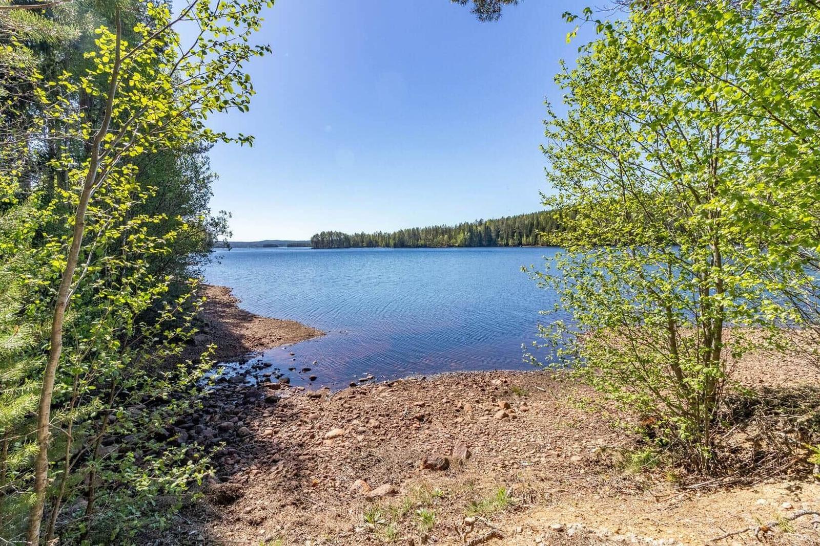 Ein ruhiger See mit grüner Umgebung und steinigem Ufer