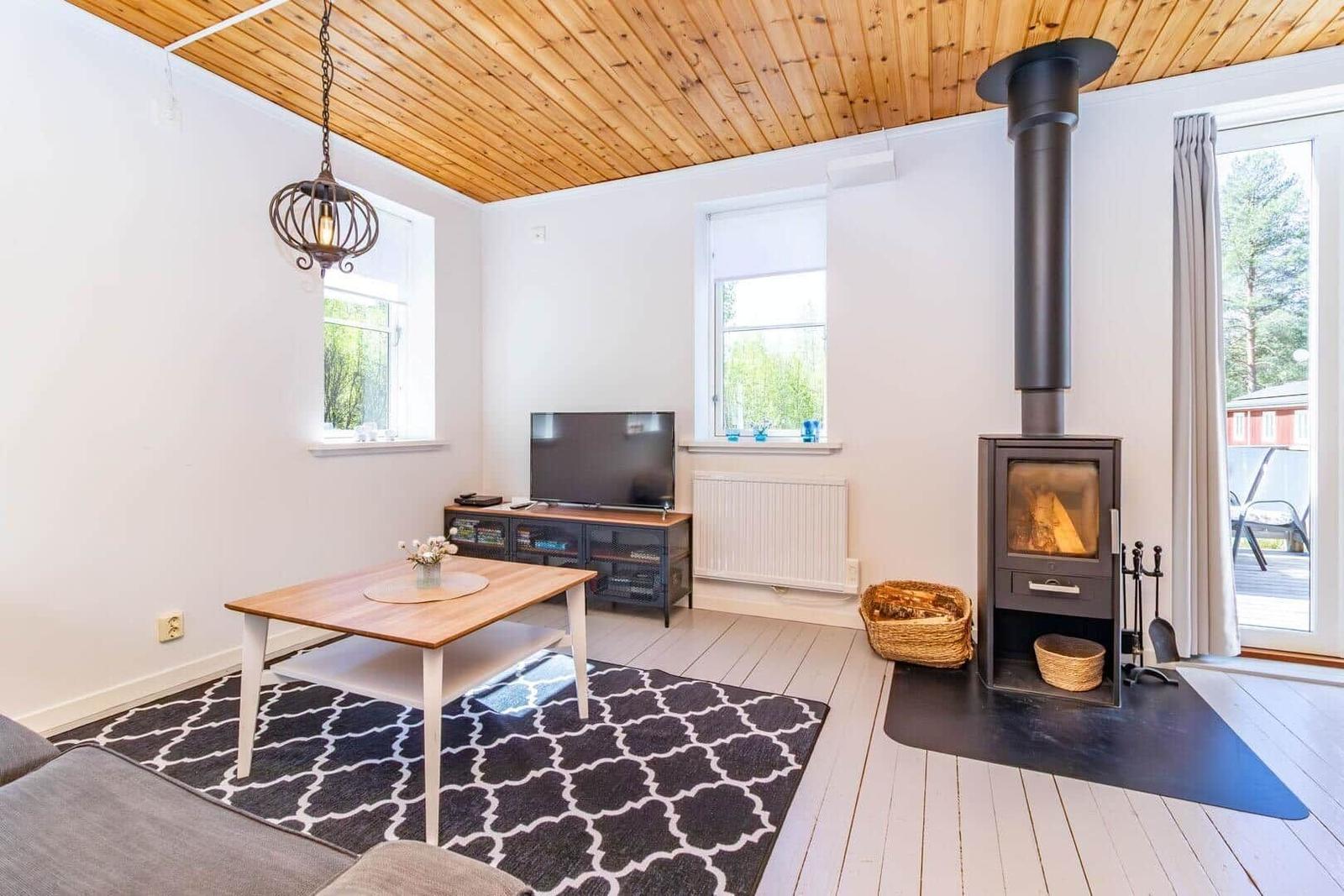 Wohnzimmer mit Holzdecke, Kaminofen, TV und Tisch auf Teppich