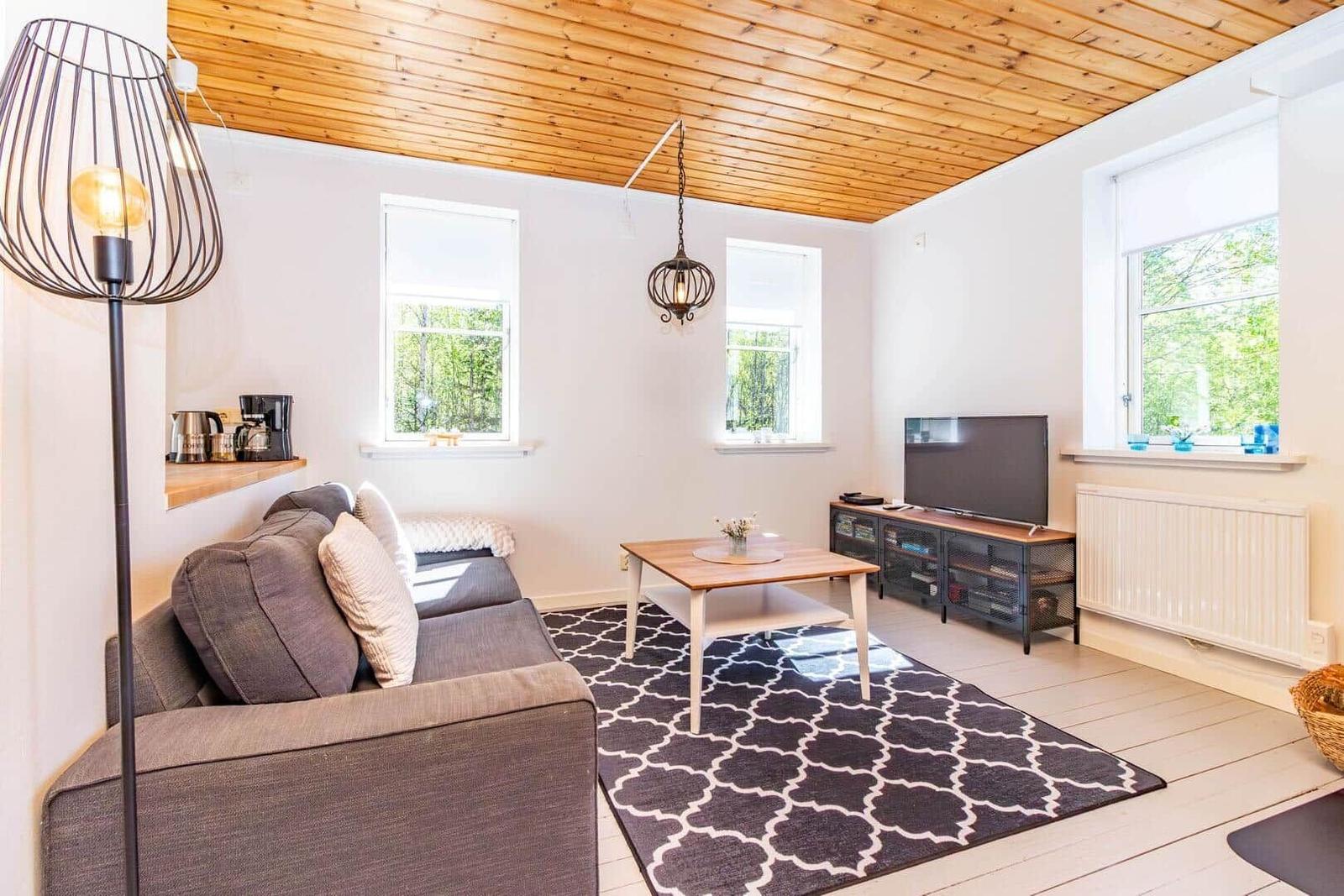 Wohnzimmer mit Sofa, Couchtisch und Fernseher. Holzdecke und große Fenster.