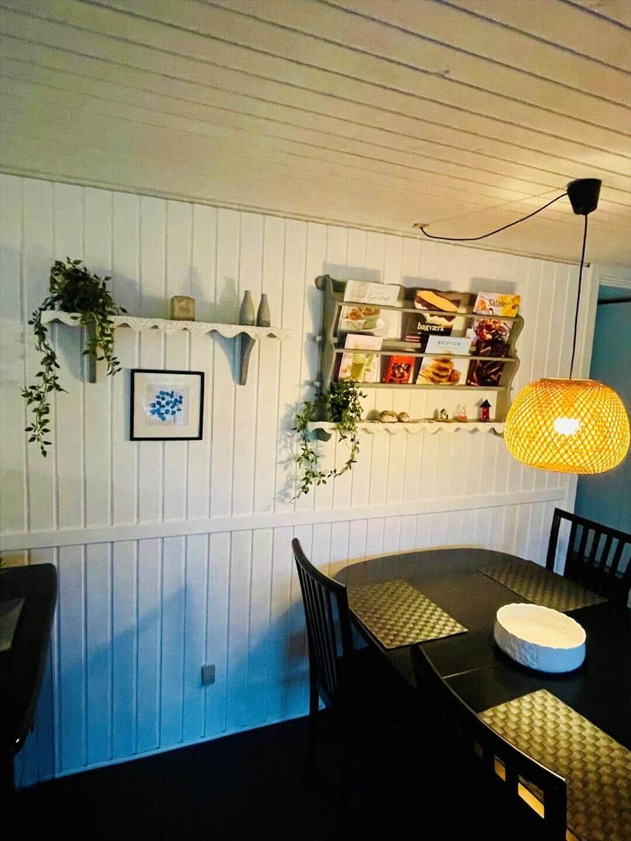 Dining room with table, chairs, and wall shelves. Ceiling light and plants are visible.