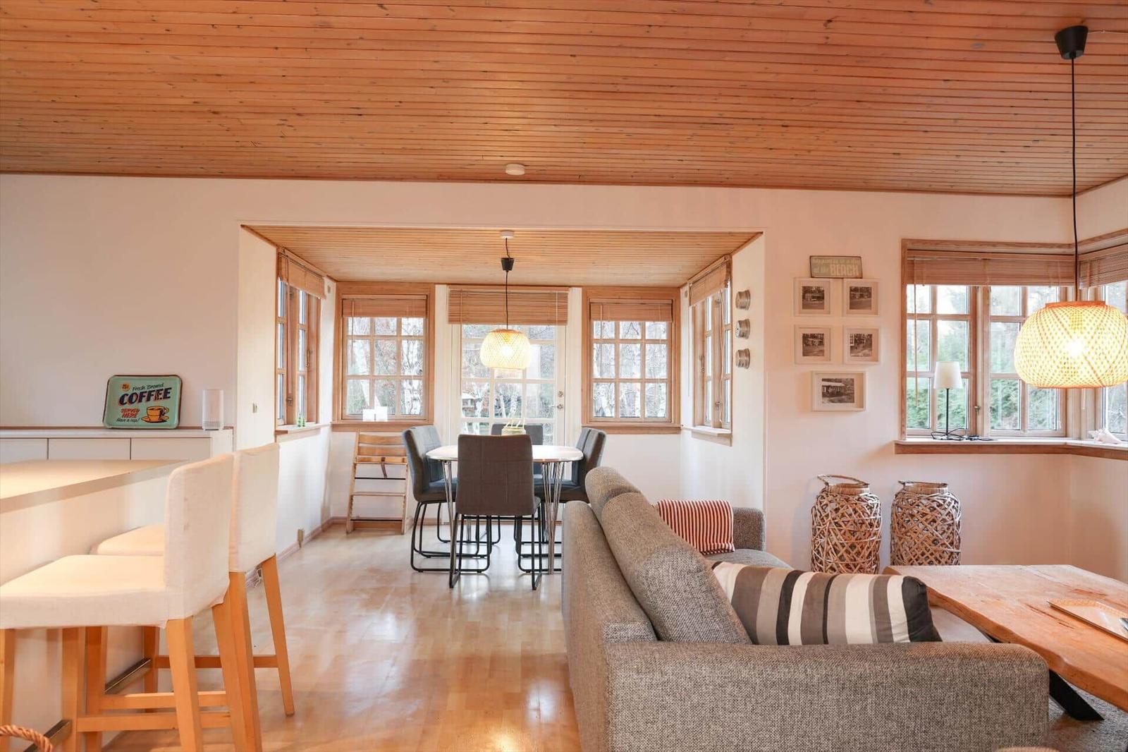 Living and dining area with wooden ceiling, sofa, table, and windows.