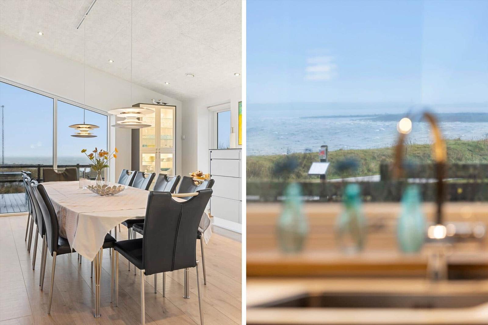 Dining room with sea view and kitchen view with outlook.