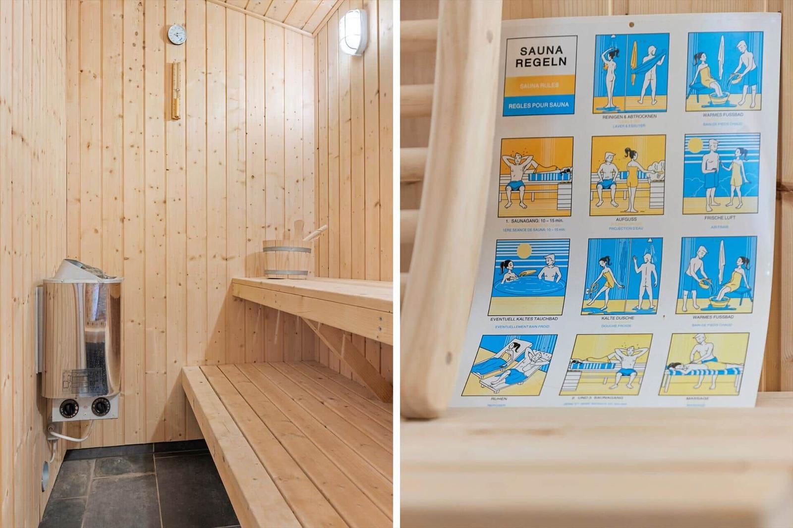 Sauna with wooden benches, steam generator, and usage rules.
