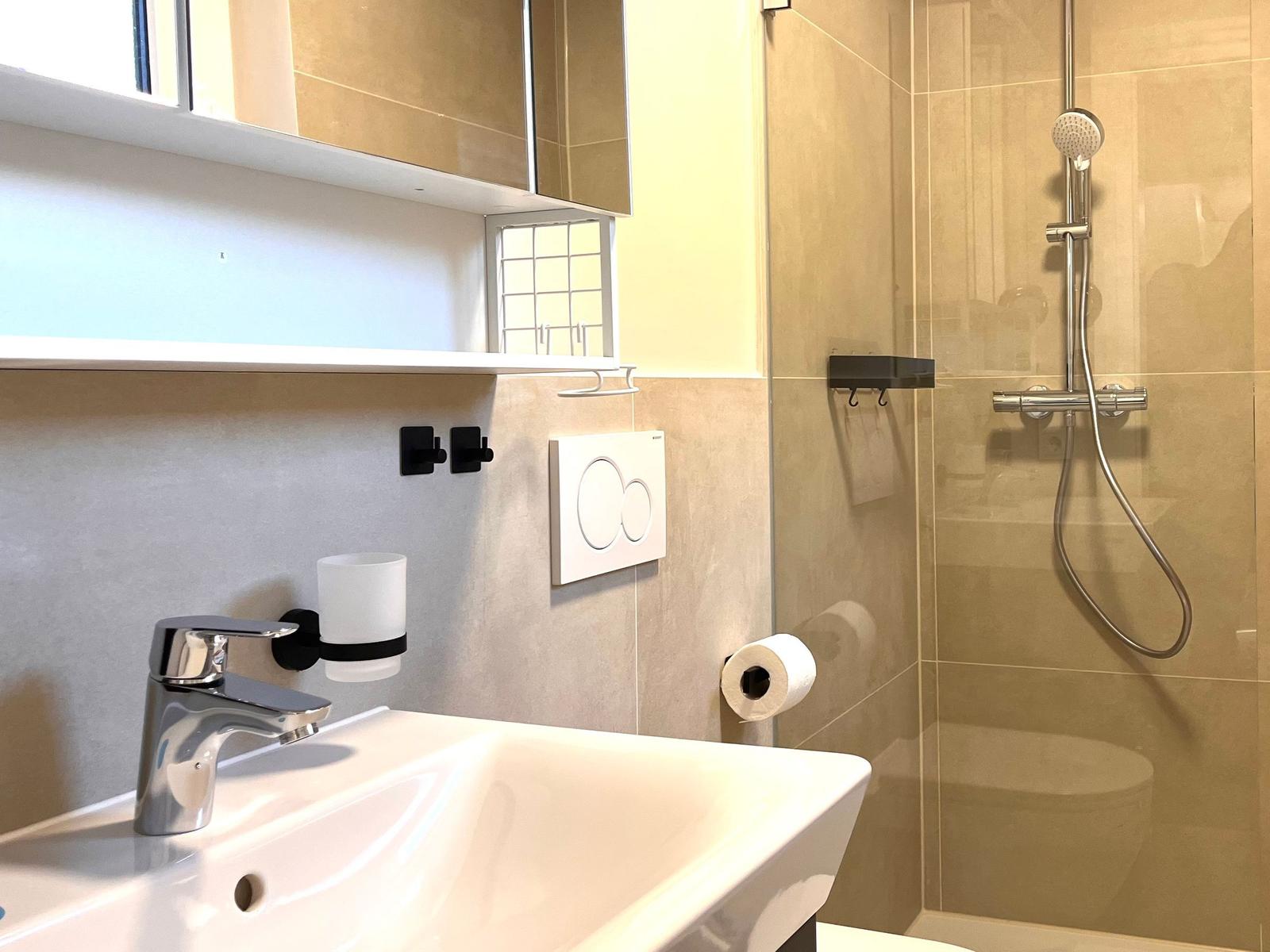 Badezimmer mit Waschbecken, Dusche und Spiegelschrank.
