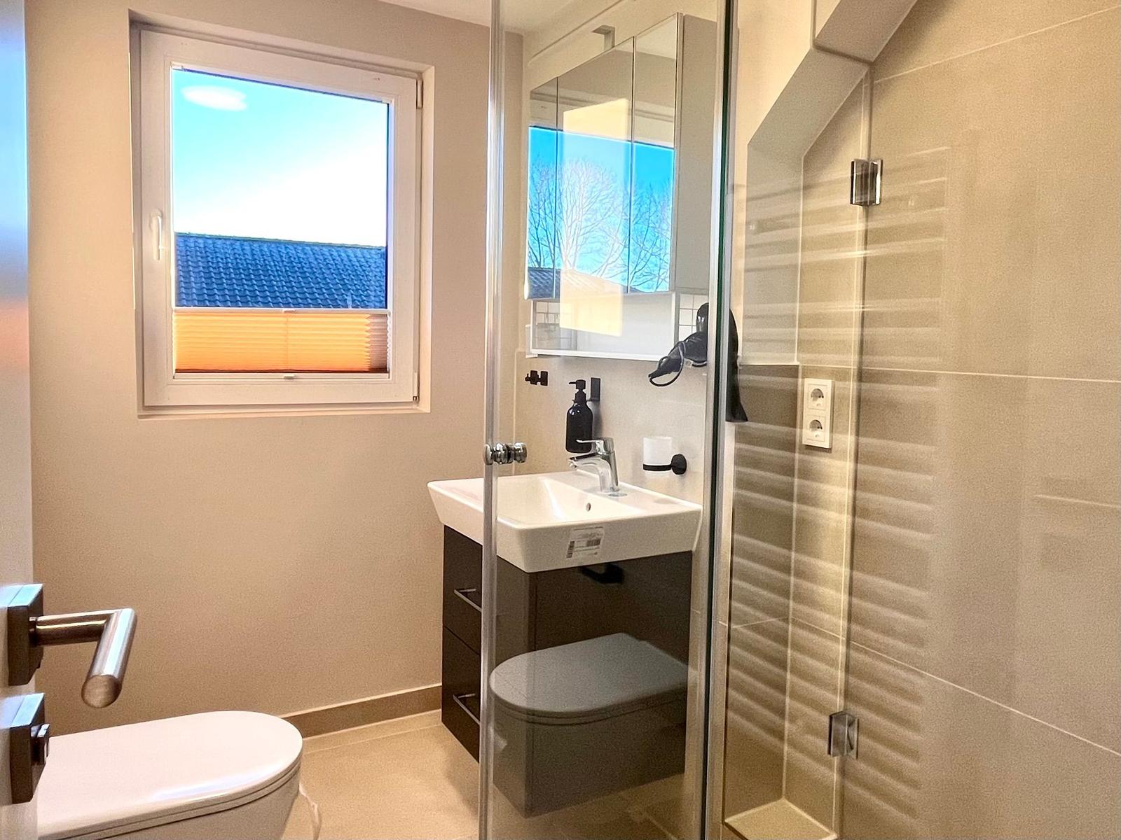 Badezimmer mit Dusche, Waschbecken und Toilette. Fenster mit Blick auf Dach.