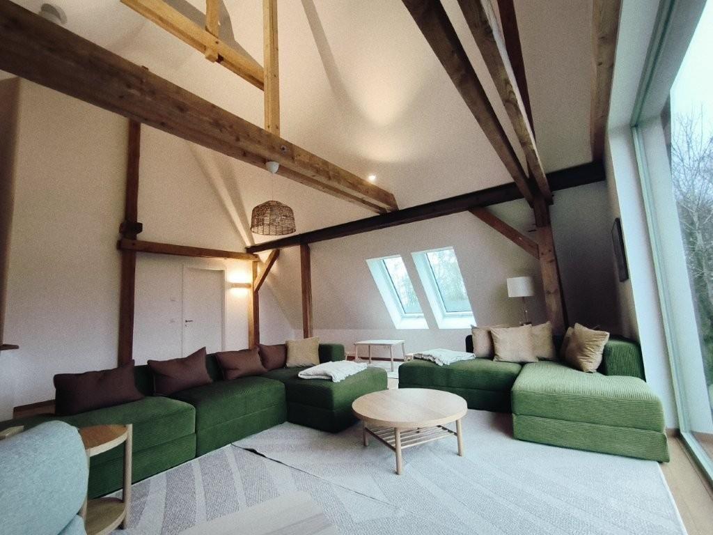 Wohnzimmer mit grünen Sofas, Holzbalken und Dachfenstern.