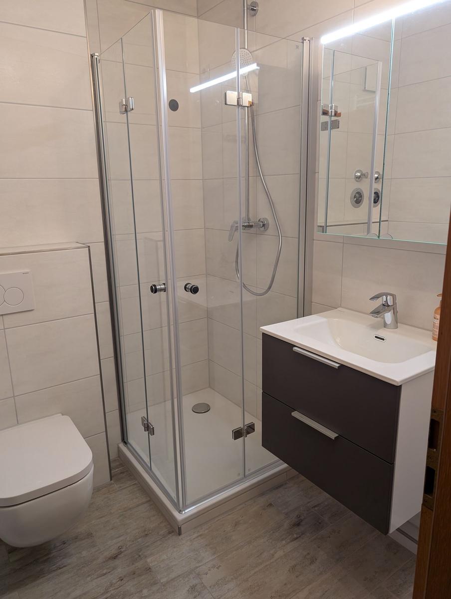 Badezimmer mit Dusche, Waschbecken und Toilette.