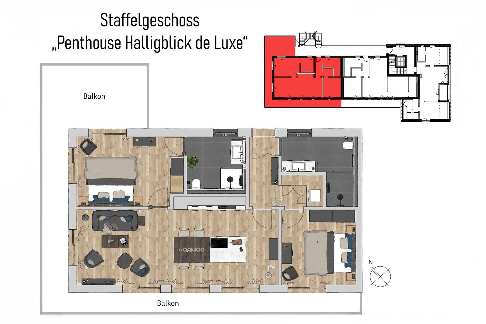 Penthouse mit Balkon, Wohnbereich, Schlafzimmer und Küche.