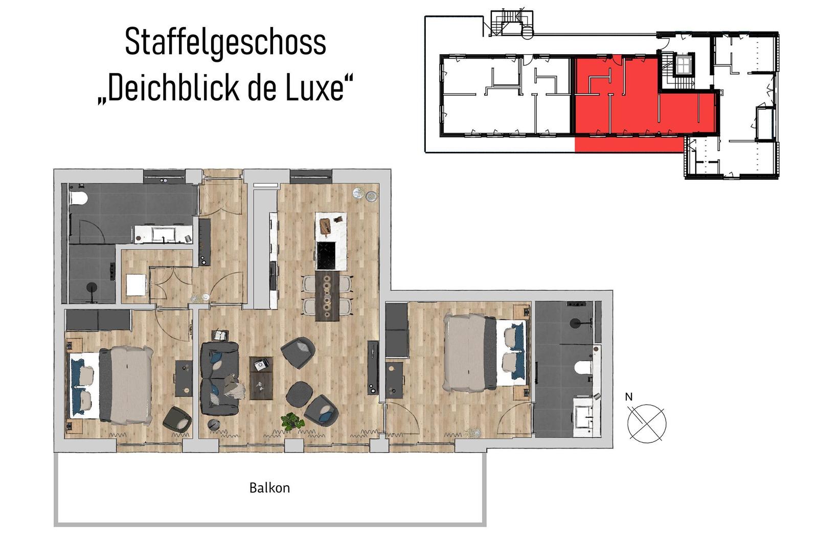 Staffelgeschoss mit Wohnbereich, zwei Schlafzimmern und Balkon. Küche und Bad sind eingerichtet.