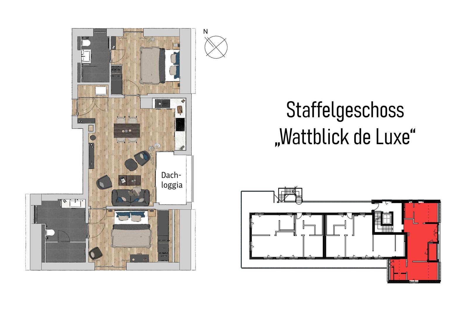 Staffelgeschoss mit Wohnbereich, Schlafzimmer und Dachloggia.