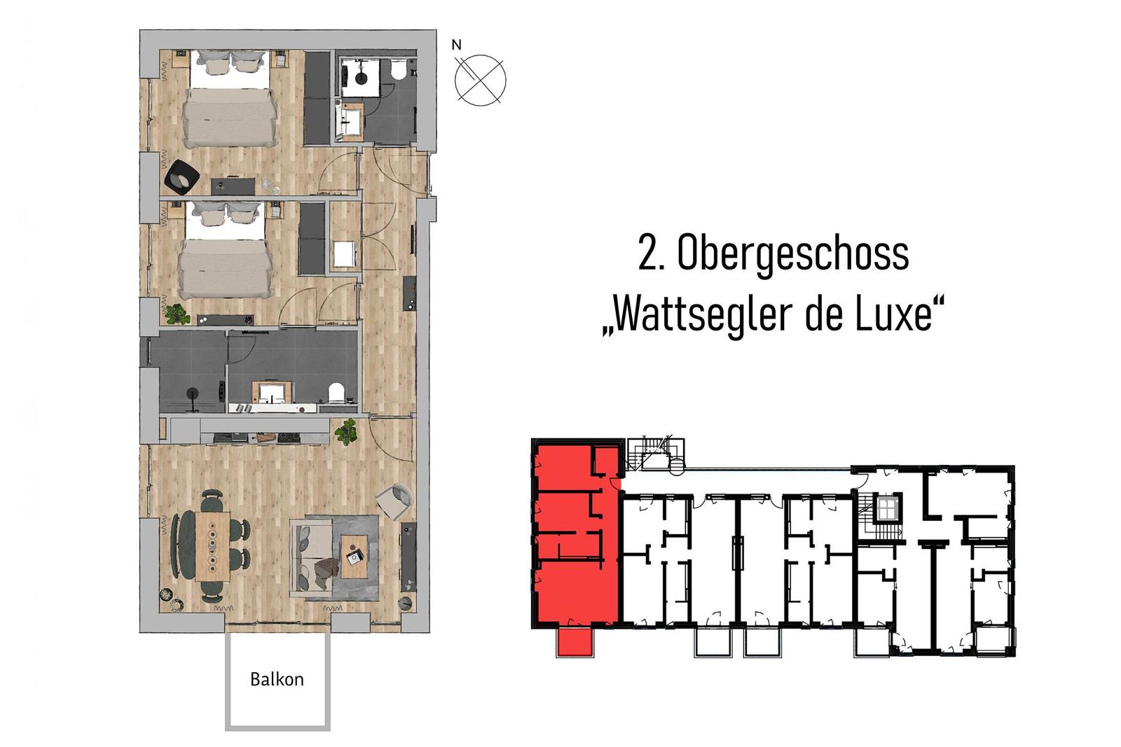 Zweites Obergeschoss mit Wohn- und Schlafbereich sowie Balkon.