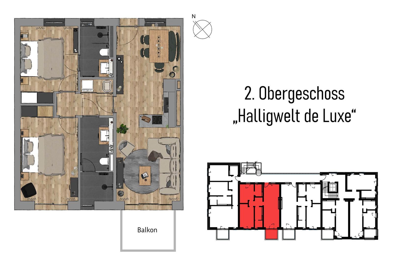 Zweites Obergeschoss mit Wohnbereich, Küche, zwei Schlafzimmern und Balkon.