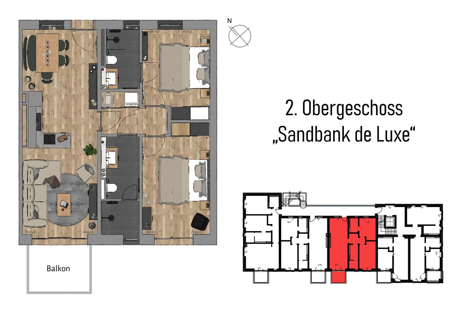 Zweites Obergeschoss mit Wohnbereich, Schlafzimmer und Balkon.