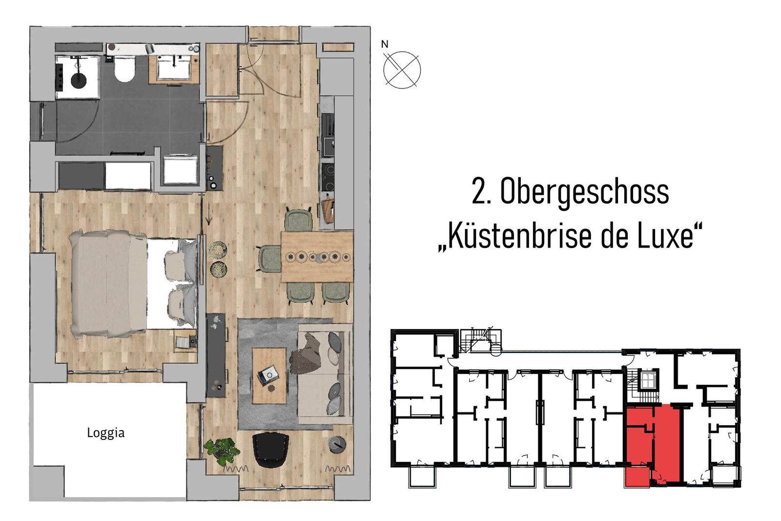Zweites Obergeschoss mit Schlafzimmer, Wohnbereich, Küche und Loggia.