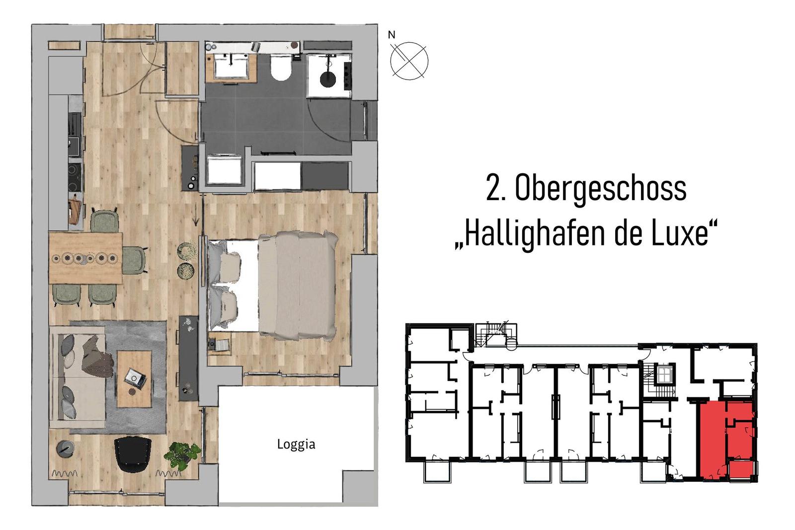 Zweites Obergeschoss mit Schlafzimmer, Küche, Wohnzimmer und Loggia.