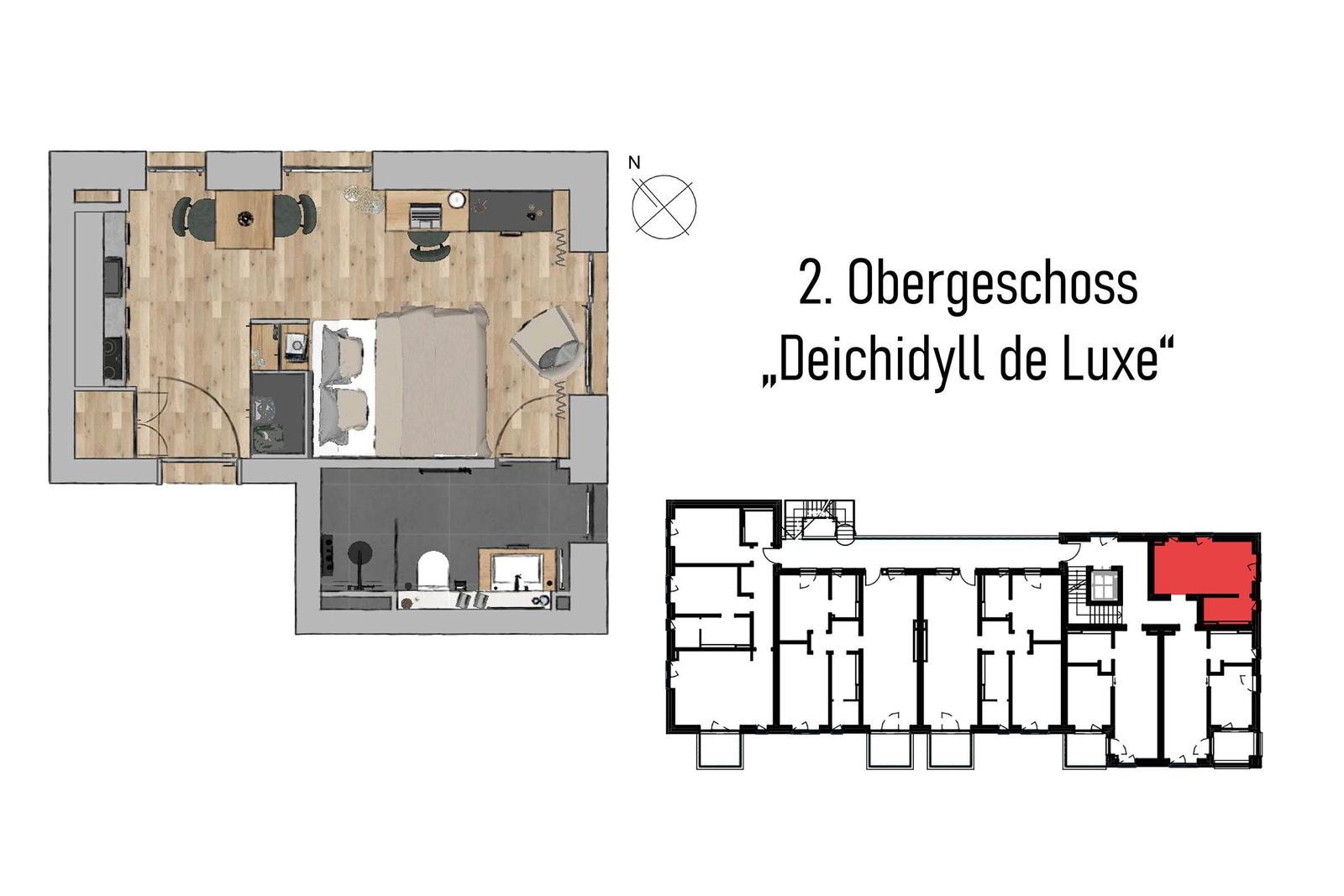 Zweites Obergeschoss mit Wohnbereich, Schlafzimmer und Bad. Lage im Gebäudeplan.