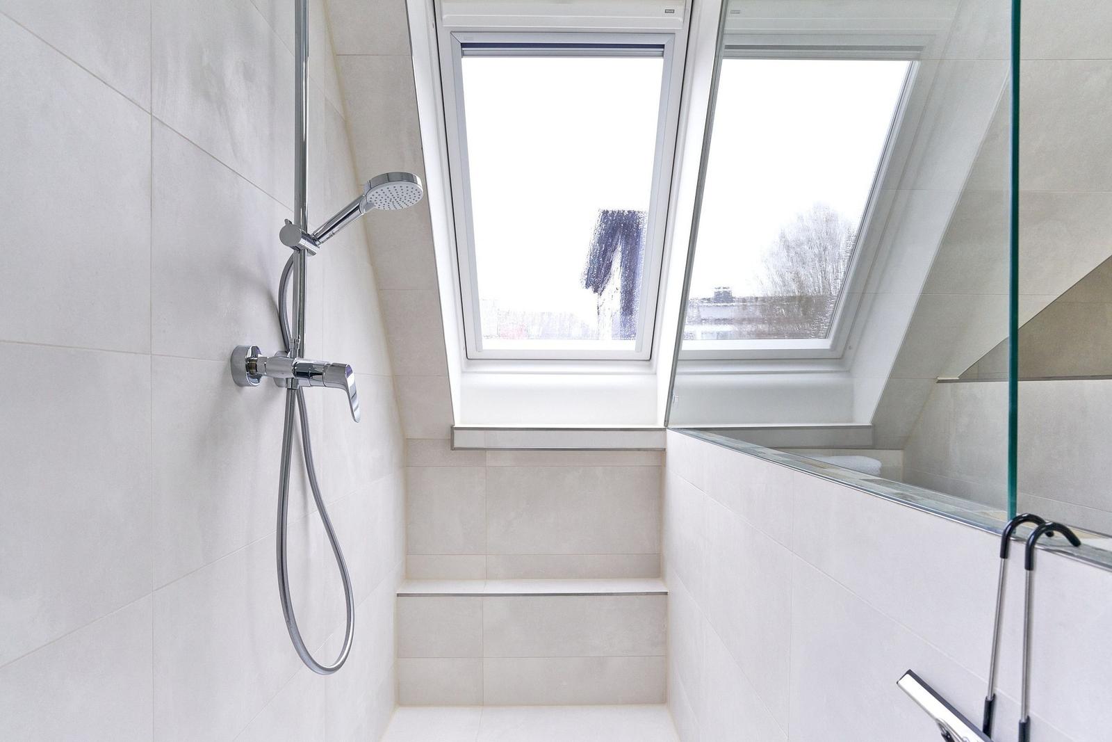 Dusche mit Dachfenstern und Glaswand in modernem Badezimmer.