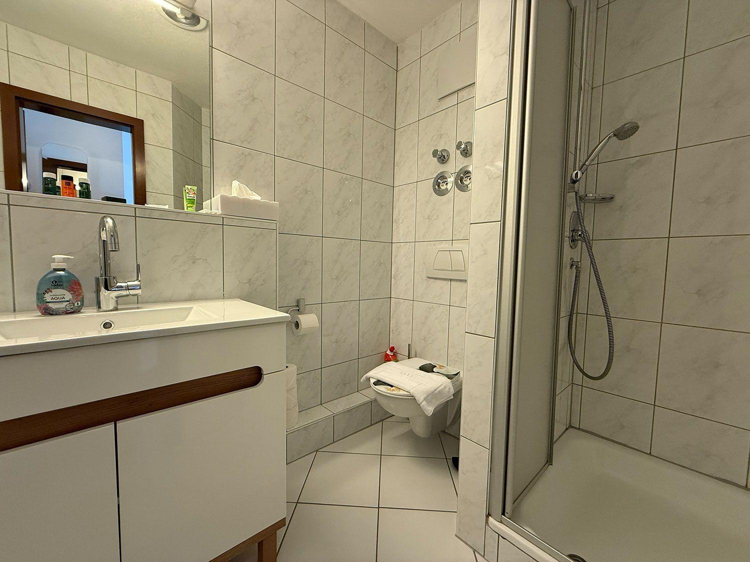 Badezimmer mit Dusche, Waschbecken und Toilette. Fliesenwand und Spiegel sichtbar.