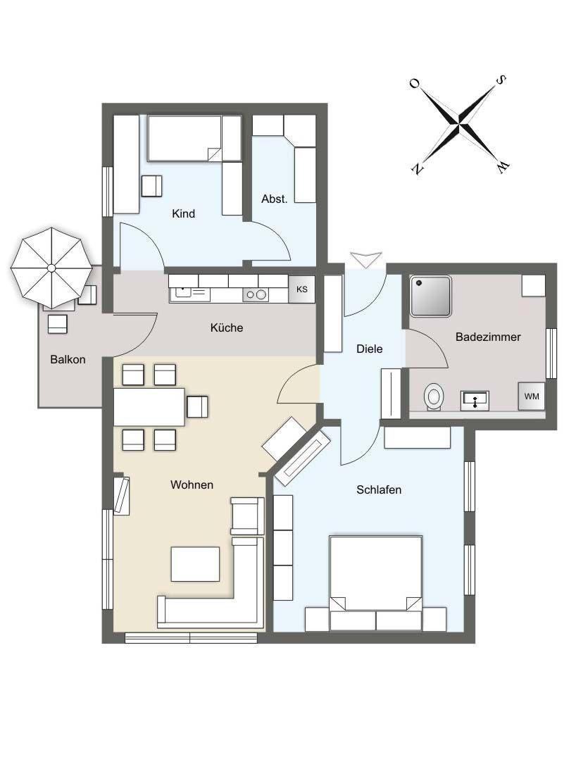 Die Wohnung hat eine Küche, Wohnen, Schlafen, Badezimmer, Kinderaufenthalt und Balkon.