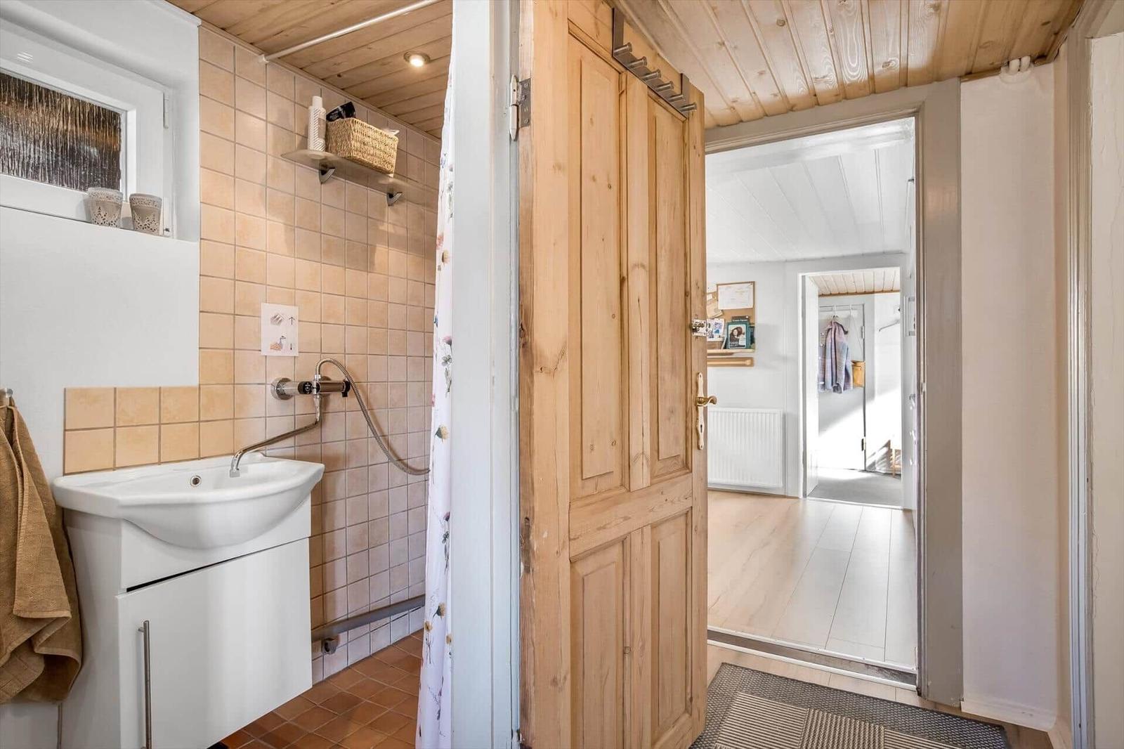 Bathroom with shower, sink, and wooden door. View into living area with wooden floor.