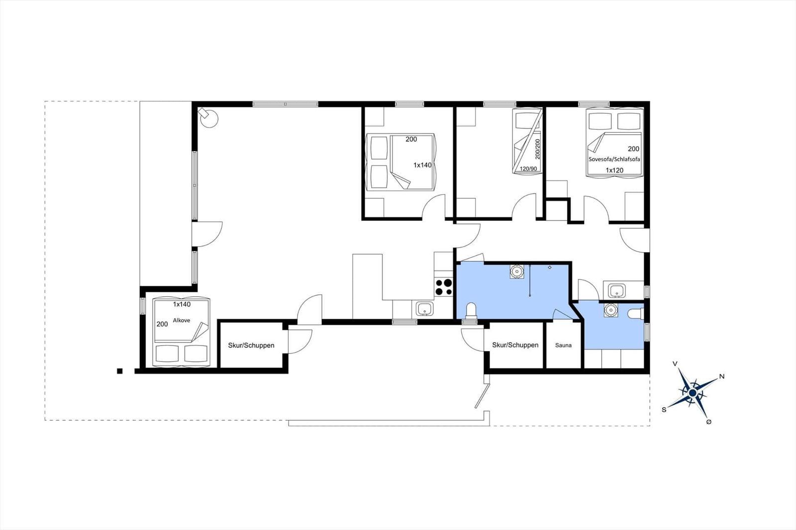 Die Wohnung hat drei Schlafzimmer, eine Küche, Bad und Sauna.