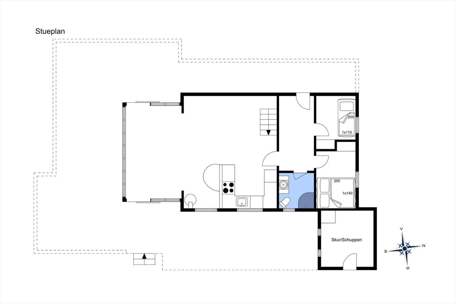 Stueplan zeigt Wohnraum, Küche, Bad und Schlafzimmer mit Maßen.