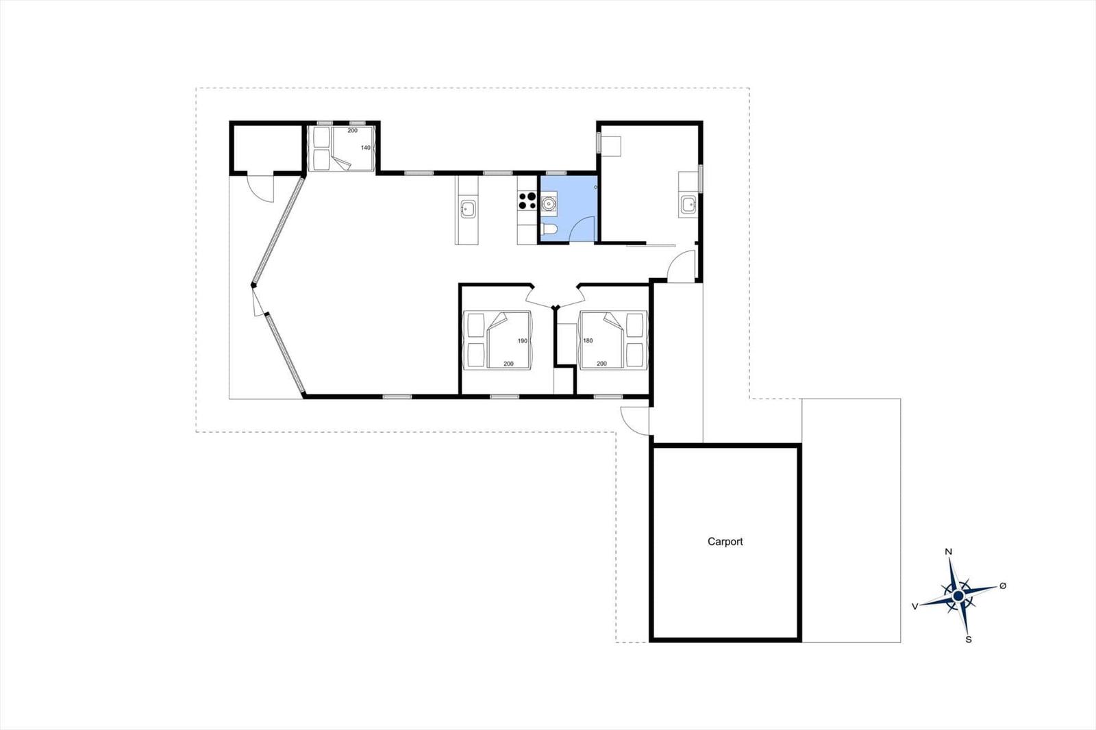 Dieses Grundriss zeigt eine Wohnung mit zwei Schlafzimmern, Küche, Bad und Carport.