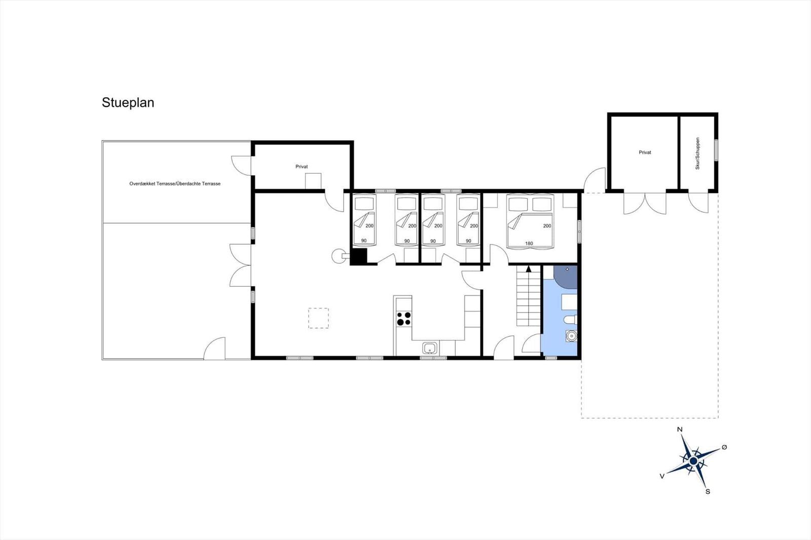 Stueplan zeigt Wohnraum, vier Schlafzimmer und überdachte Terrasse.