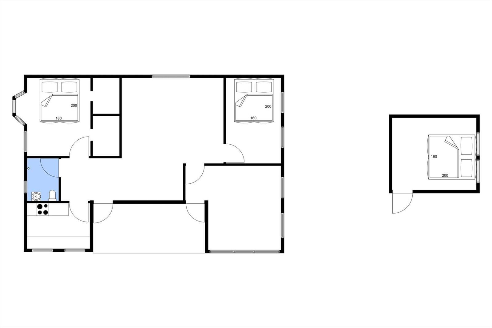 Wohnung mit drei Schlafzimmern und Küche. Flur und Bad sind ebenfalls eingezeichnet.