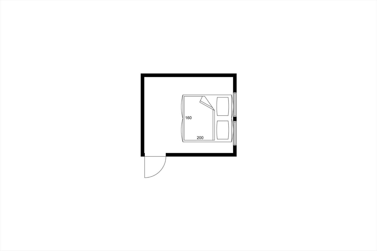 Zimmerplan mit Bett und zwei Schränken. Raumgröße 160x200 cm.