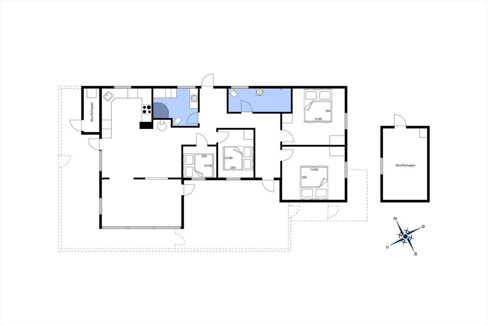 Wohnung mit Küche, Bad, drei Schlafzimmern und zwei Schuppen.