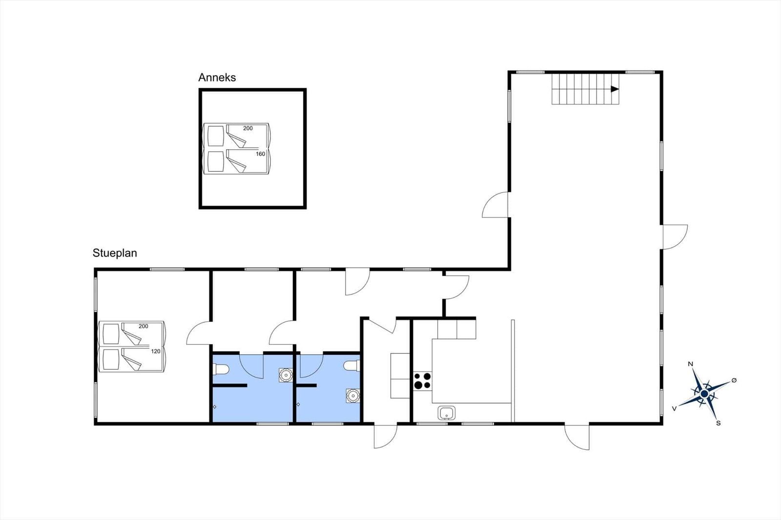 Geschossplan zeigt Wohnbereich, Küche und Schlafzimmer mit Bad.