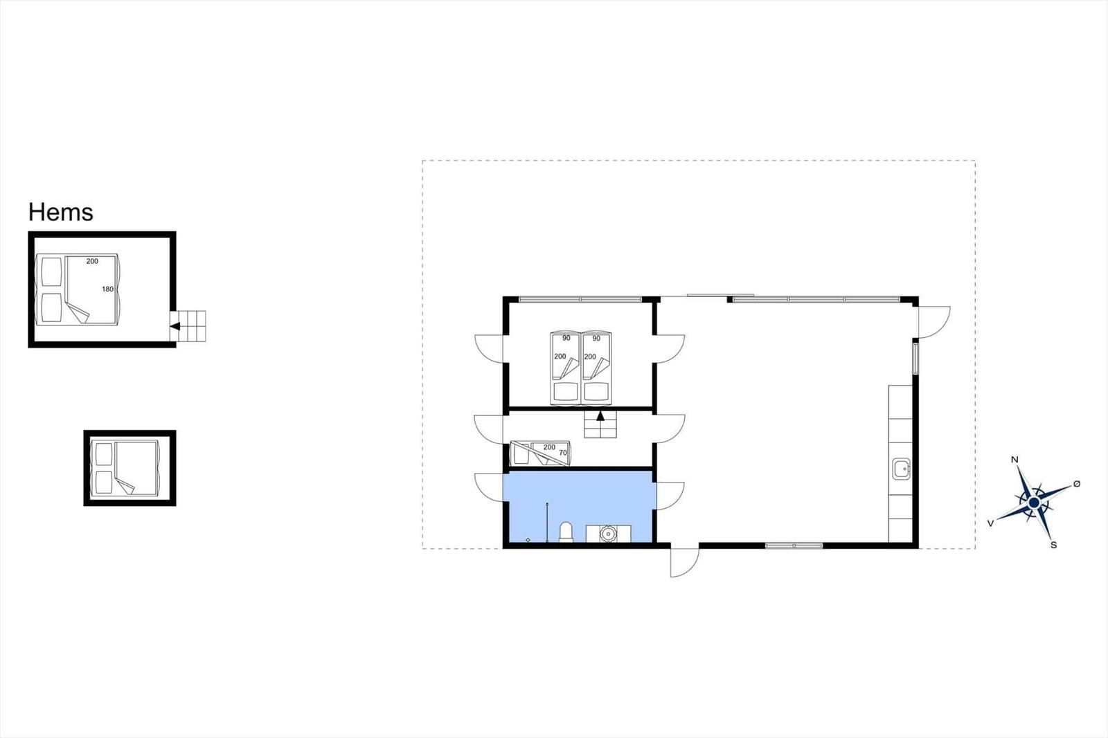 Geschossplan mit Schlafzimmer, Bad und Küche. Hems-Plan links.