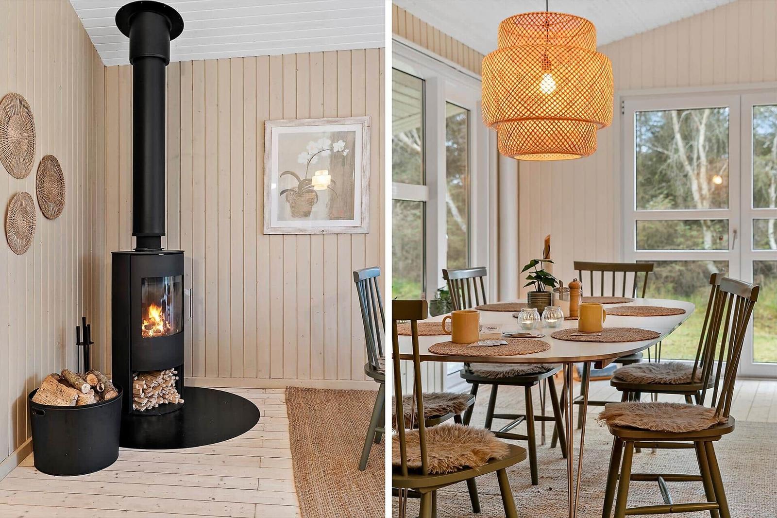 Kamin im Wohnbereich mit Holzstapel. Essbereich mit Tisch, Stühlen und Hängelampe.