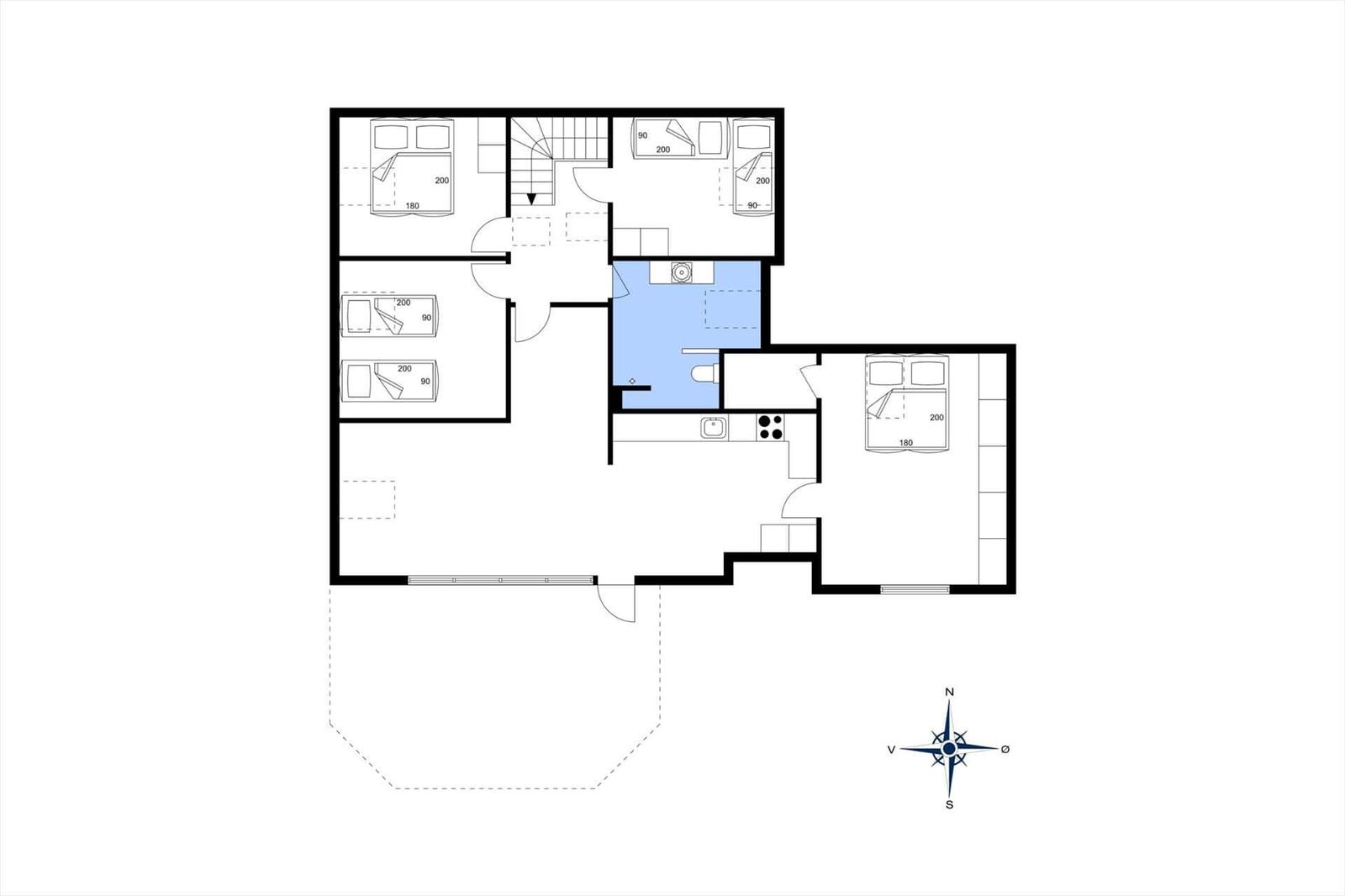 Apartment with four bedrooms, kitchen, and bathroom on floor plan.