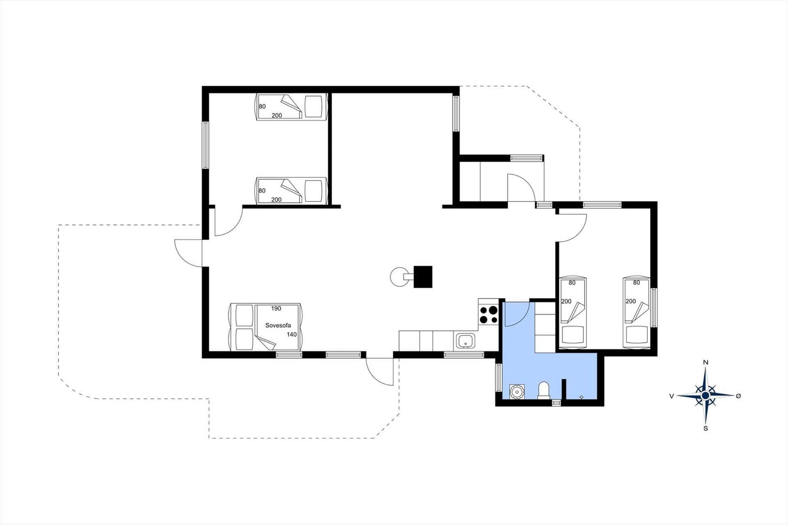 Wohnung mit Küche, Bad und drei Schlafzimmern mit Sovesofa.