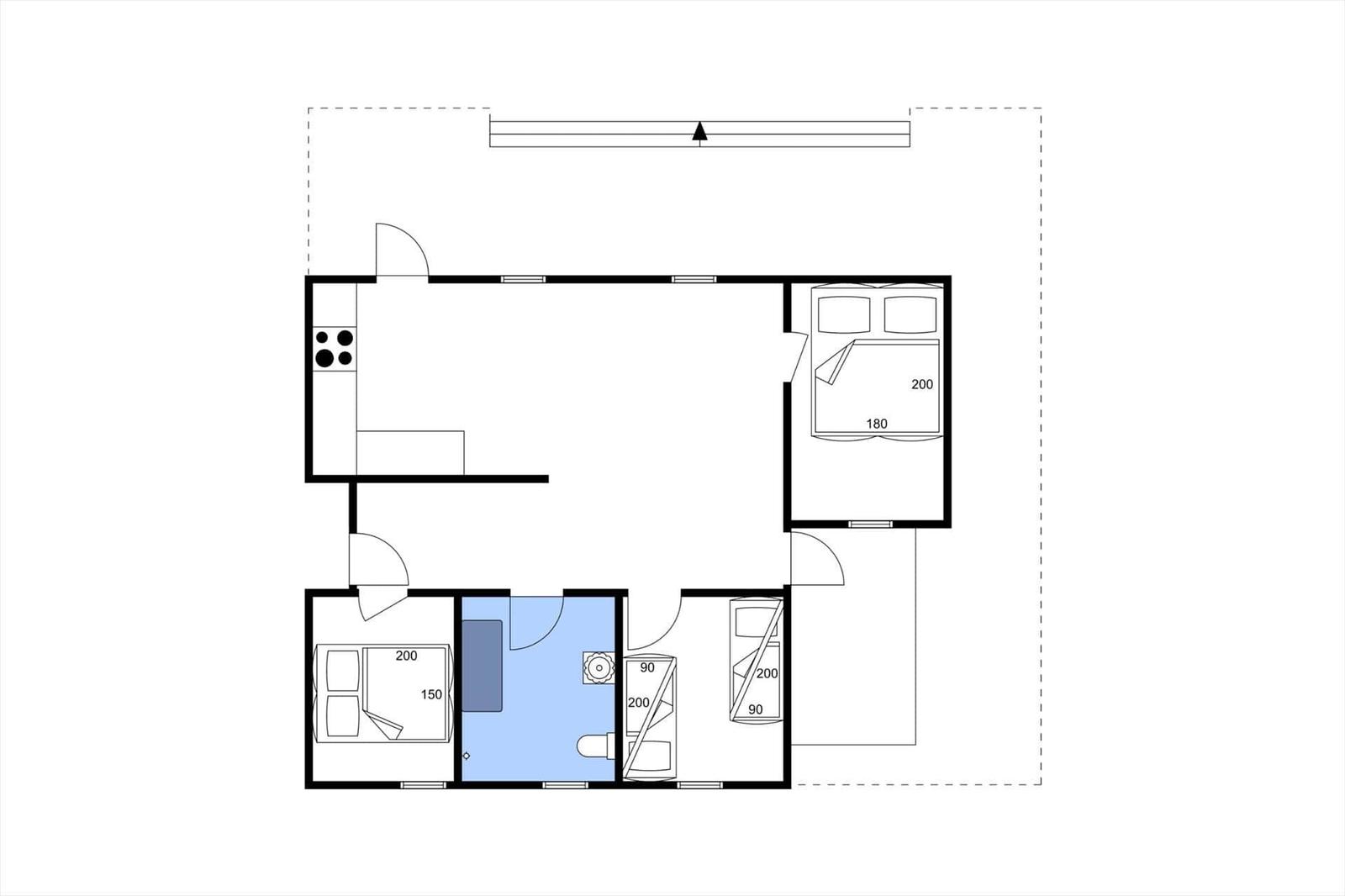 Wohnung mit Küche, Schlafzimmer und Bad. Flur mit Treppe.