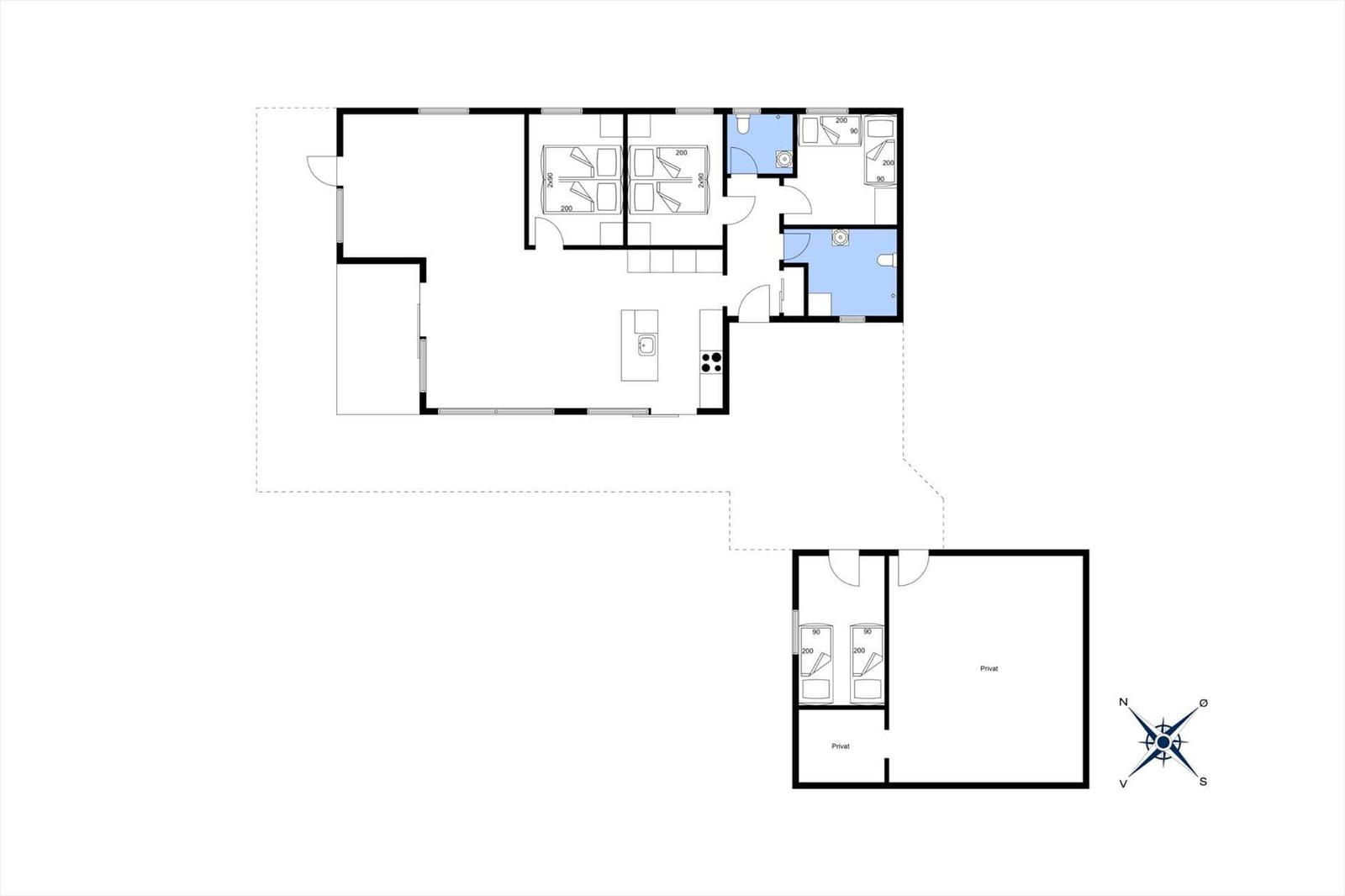 Wohnung mit zwei Schlafzimmern, Küche und Bad. Separate Toilette und Privatbereich.