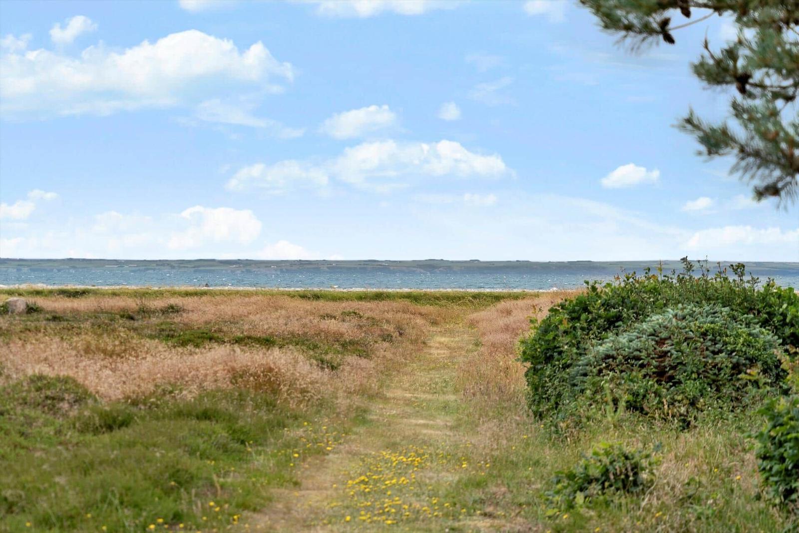 Weg durch Grasland zum Meer unter blauem Himmel mit Wolken.