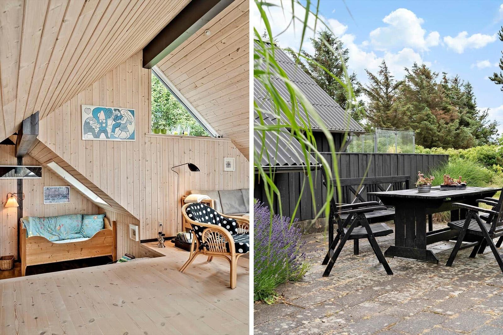 Wohnraum mit Holzwand und Schlafcouch. Außenbereich mit Tisch, Stühlen und Lavendel.