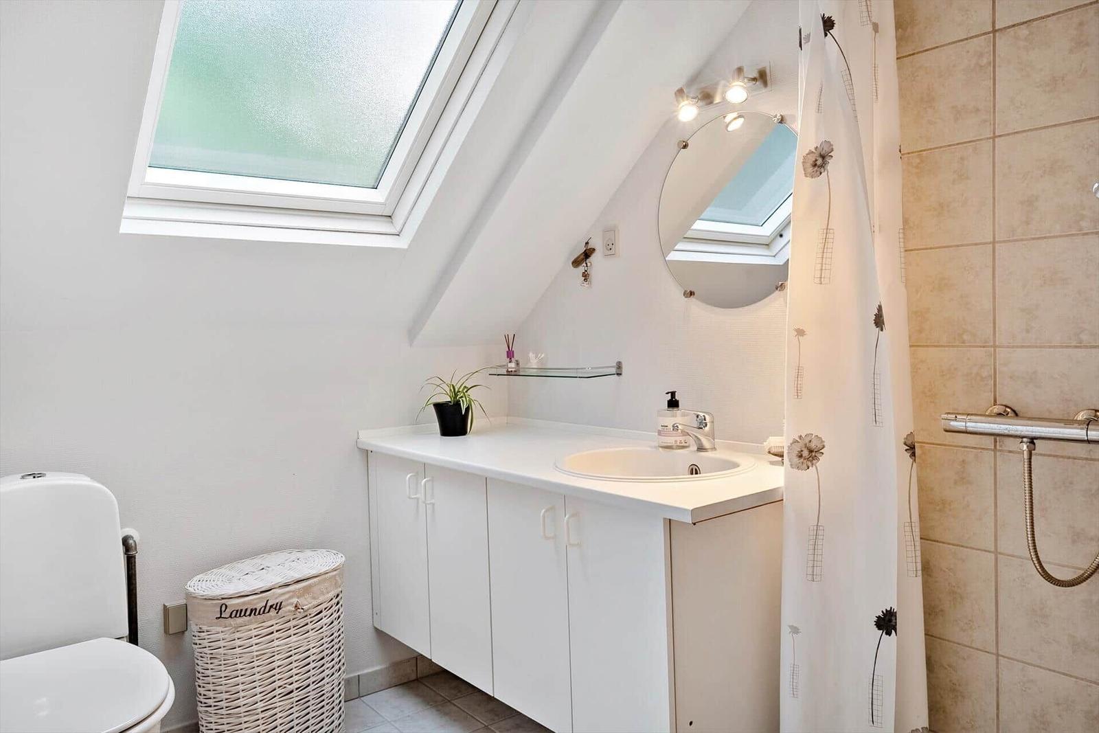 Badezimmer mit Dusche, Waschbecken und Dachfenster.