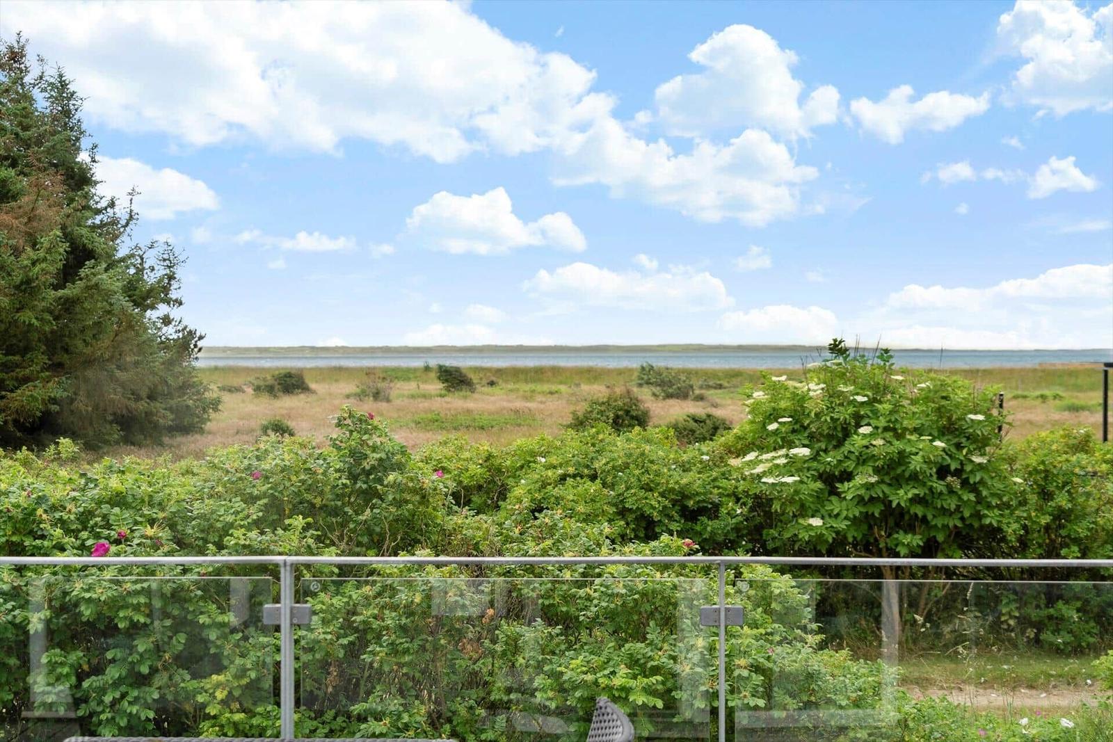 Balkon mit Glasgeländer bietet Blick auf Wiese und Wasser unter blauem Himmel mit weißen Wolken.