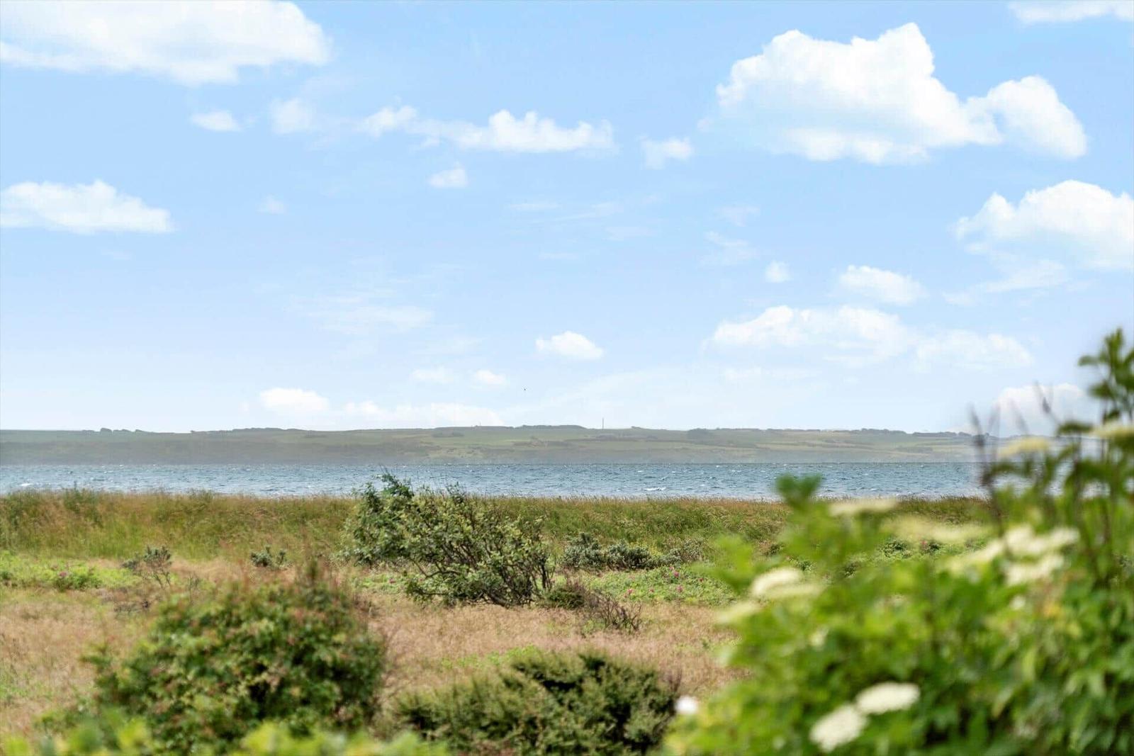 Weitläufiger Blick auf Meer und Küstenlandschaft mit Gras und Büschen im Vordergrund.