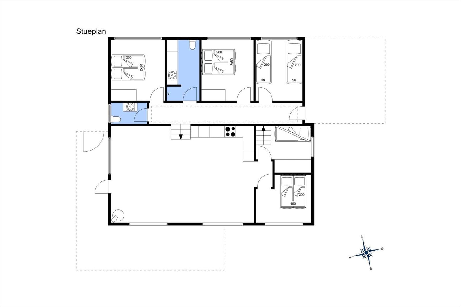 Stueplan zeigt Wohnfläche mit Küche, Schlafzimmern und Badezimmer.
