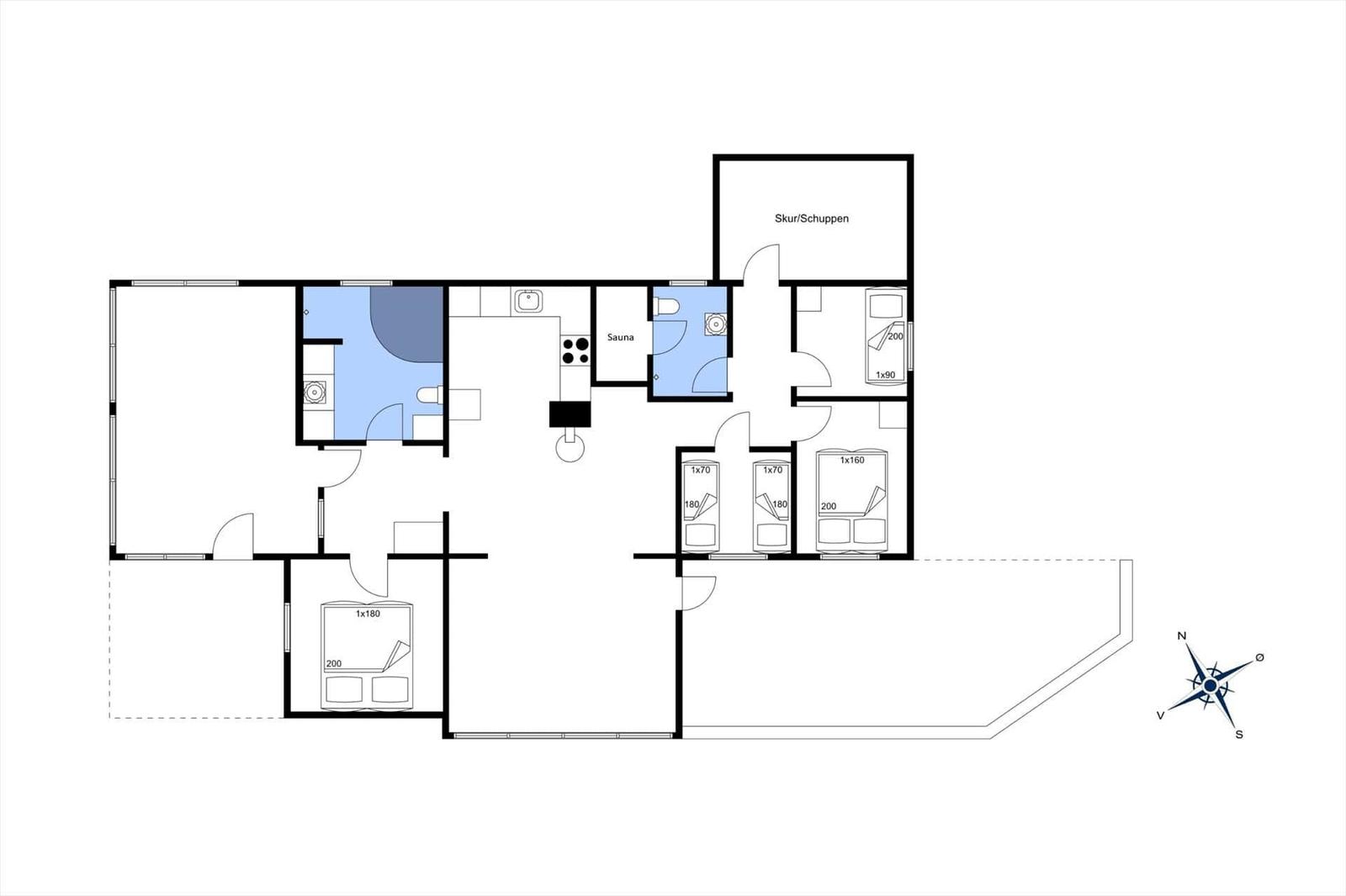 Dieses Haus hat drei Schlafzimmer, eine Sauna und eine Küche.