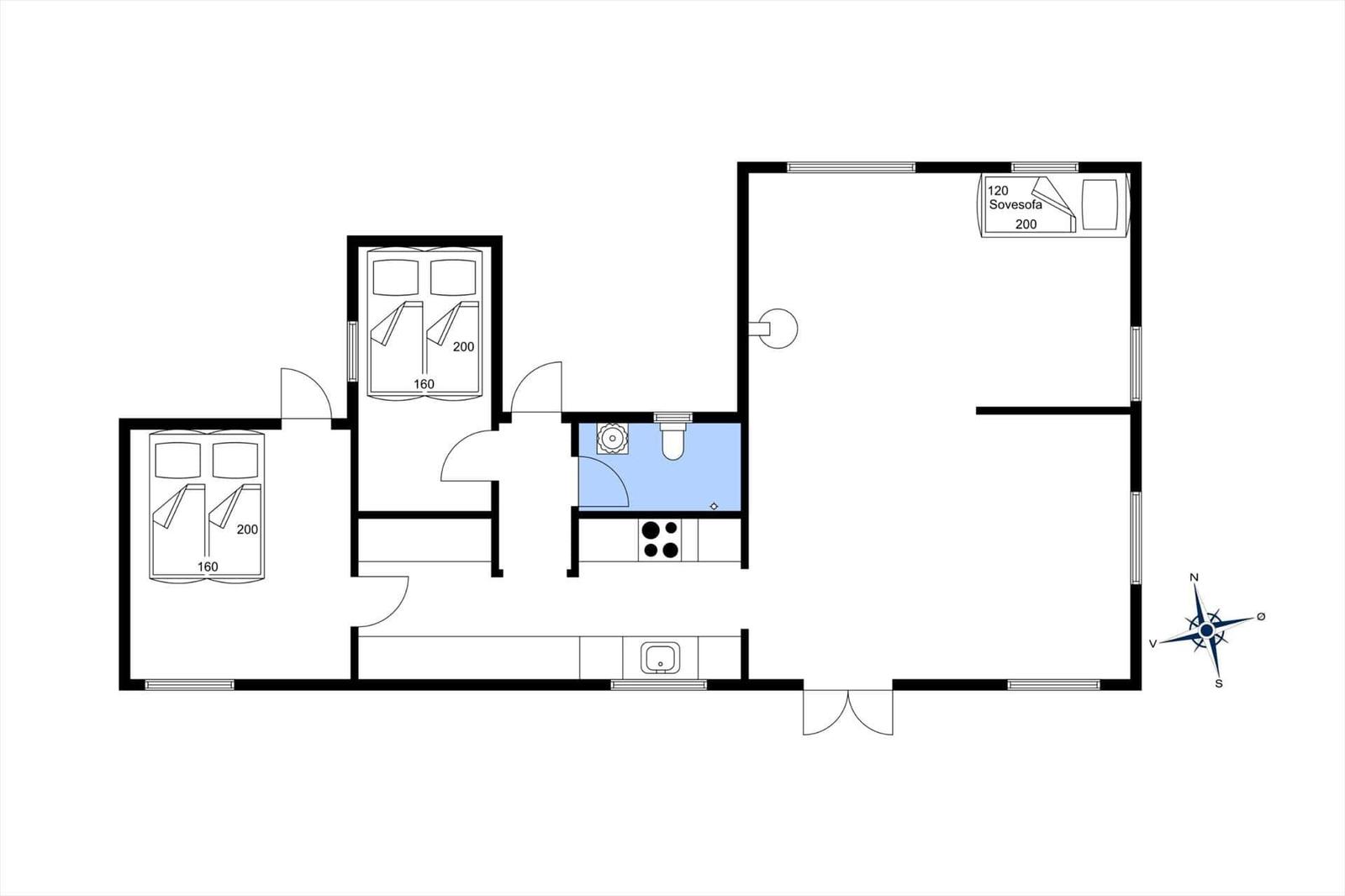 Apartment with two bedrooms, kitchen, and living area with sleeper sofa.